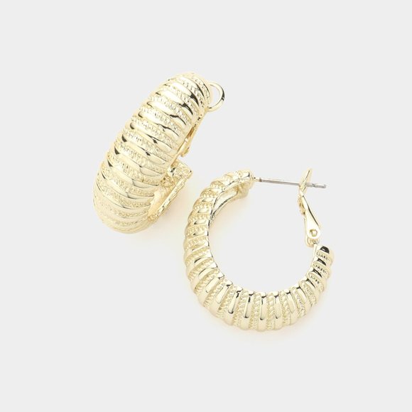 14K Gold Plated Textured Hoop Earrings - Picture 1 of 2